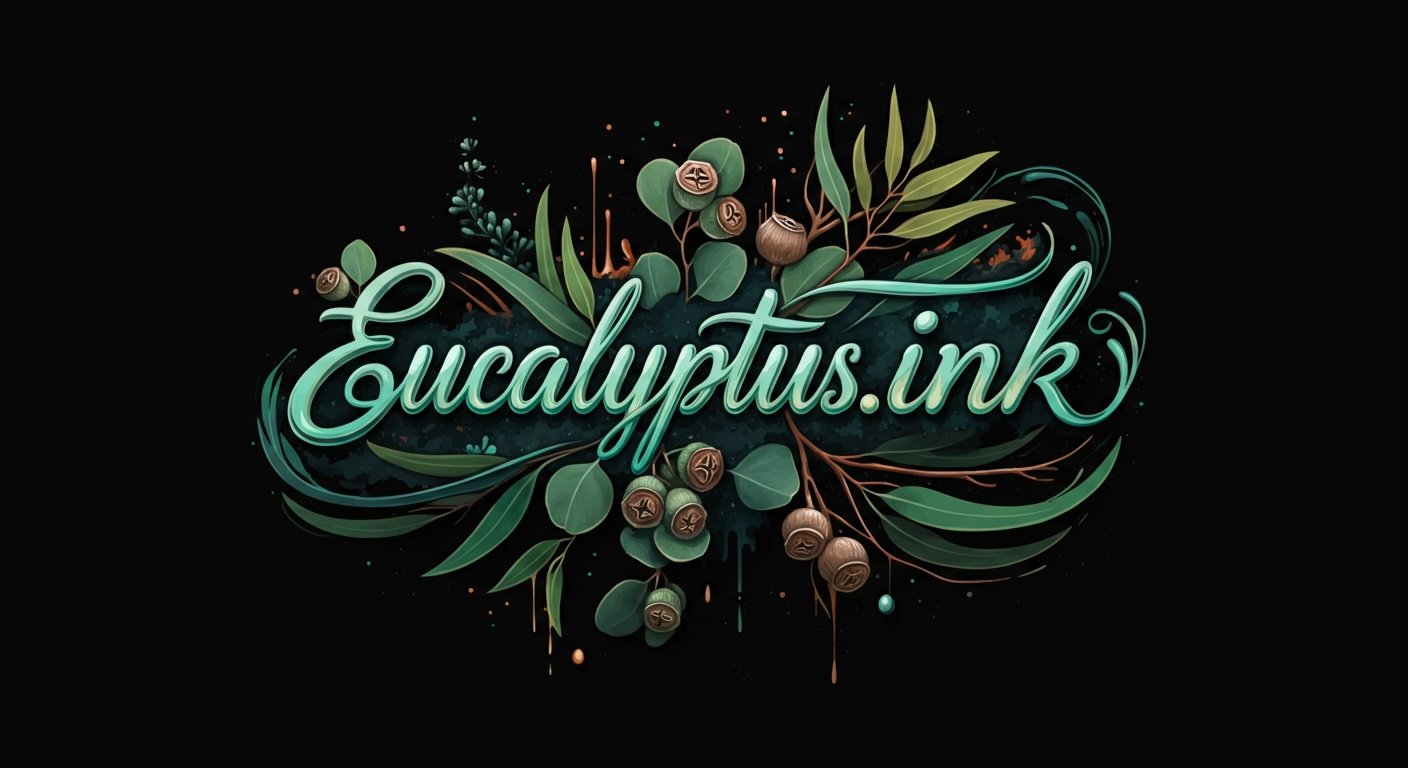 Eucalyptus.ink logo featuring stylised Australian eucalyptus leaves and seed pods Trademark of ZARI Research Pty Ltd